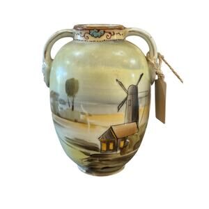 Vintage Nippon Vase Moriage Hand Painted Urn Style Landscape Mill Art Nouveau